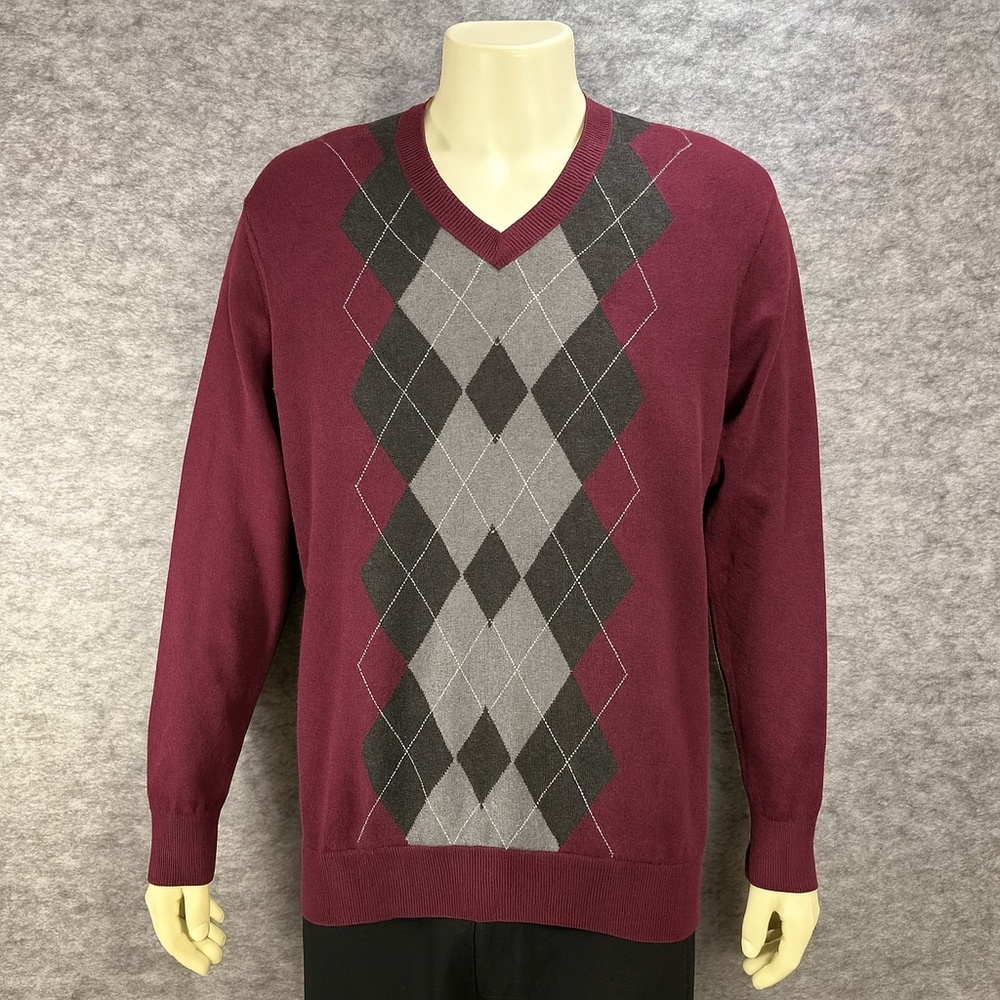 Claiborne Sweater Mens XLT Burgundy Argyle‎ V Neck Long Sleeve Cotton Knit